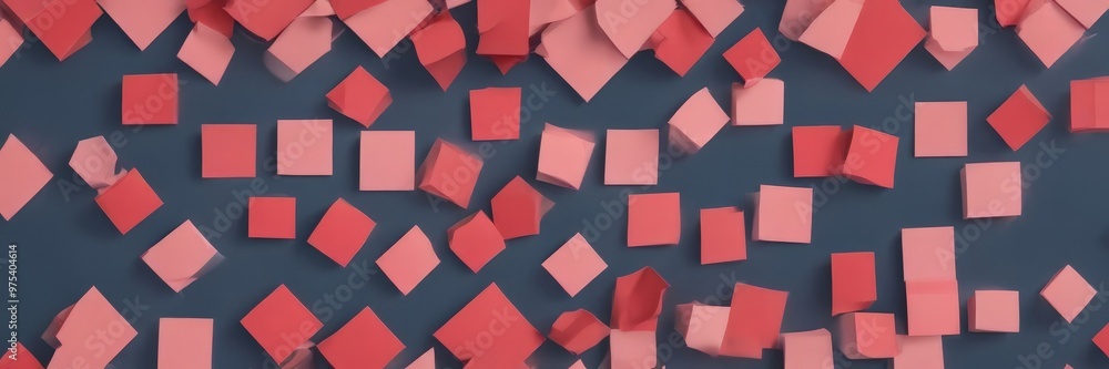 Poster a pattern of overlapping pink and red cubes against a dark blue background.