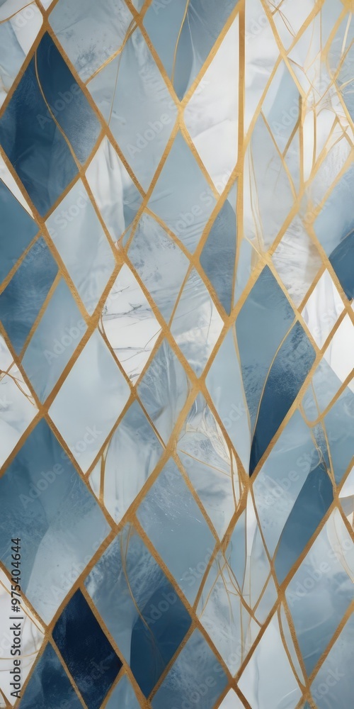 Poster a close-up view of a mosaic pattern composed of blue and white tiles arranged in a diamond-like grid