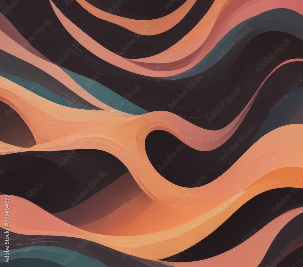 Poster a vibrant abstract pattern composed of overlapping curved lines in various shades of orange, pink, a