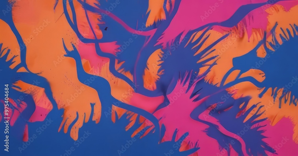 Poster an abstract composition of overlapping, fluid shapes in shades of blue, orange, and pink, creating a