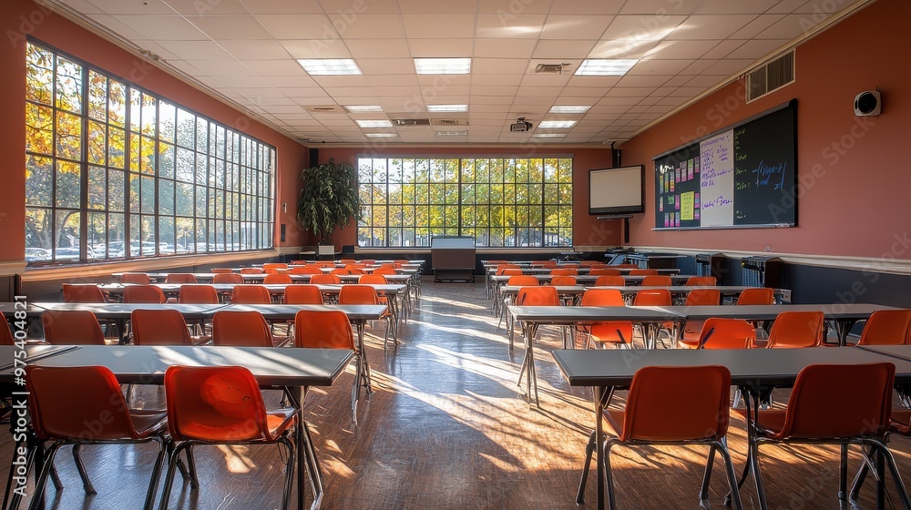 Aufkleber bright and inviting classroom with sunlight streaming through large windows, designed for learning a