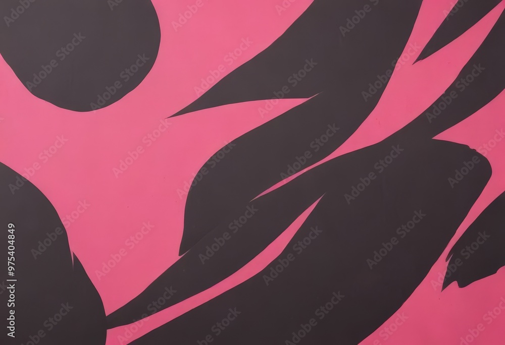 Poster abstract artwork: a bold composition of black and pink shapes, with a central black circle and a ser