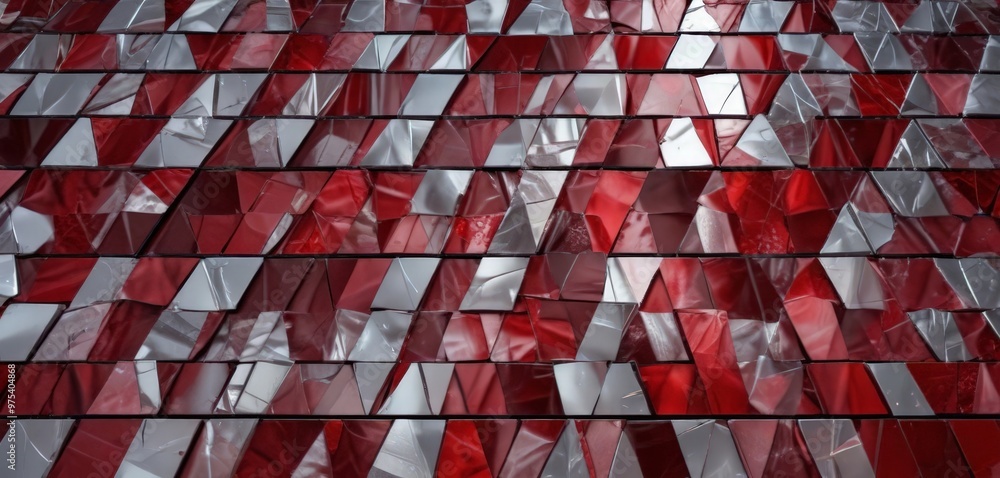 Poster a close-up view of a red and silver mosaic pattern composed of numerous small, irregularly shaped ti