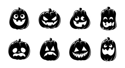 Jack O Lantern Silhouette Set. Cute Creepy Spooky Halloween Pumpkin Fall Autumn Sticker Print Illustration.