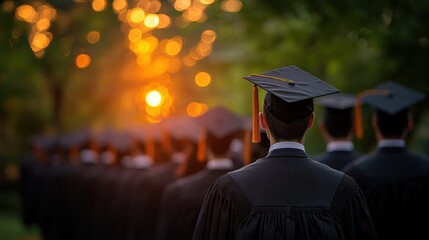 Graduates in caps and gowns standing together as the sun sets in a beautiful outdoor ceremony