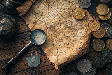 An ancient, tattered treasure map rests on a rustic table, accompanied by vintage coins and a magnifying glass.
