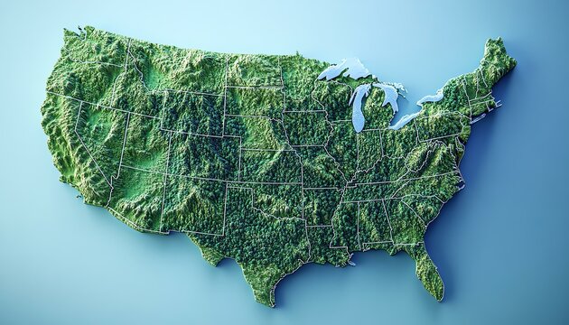 High-resolution 3D terrain map of the United States of America showcasing geographic features and topographical diversity.