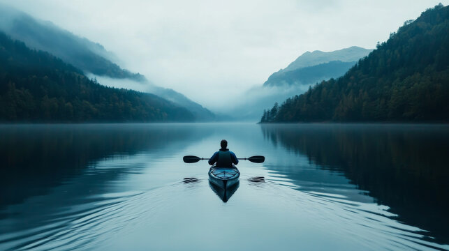 Solo rower navigating a calm lake in a kayak