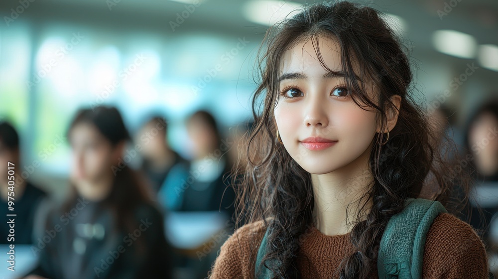 Poster a student with curly hair and a backpack smiles during a lecture in a well-lit classroom filled with