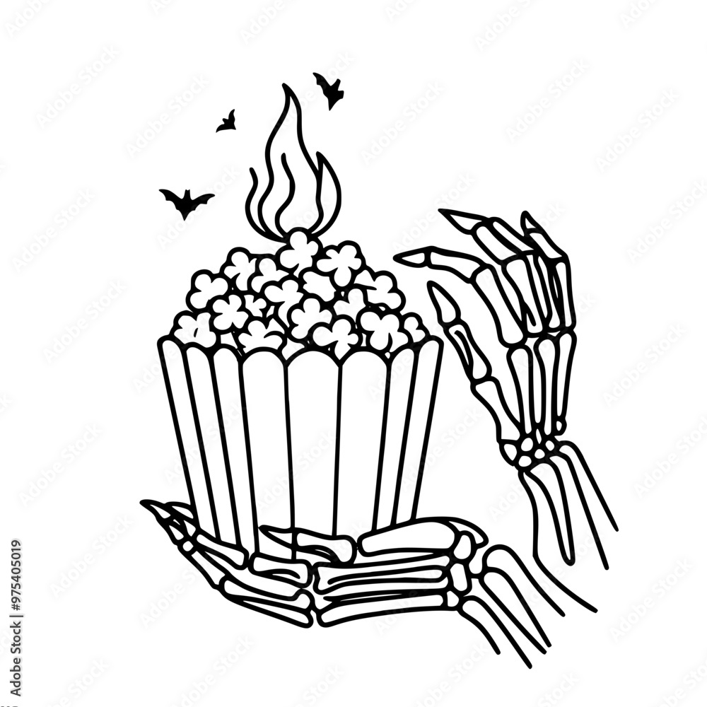 Poster stylish vector linear drawing of a bucket with popcorn in skeletal hands.