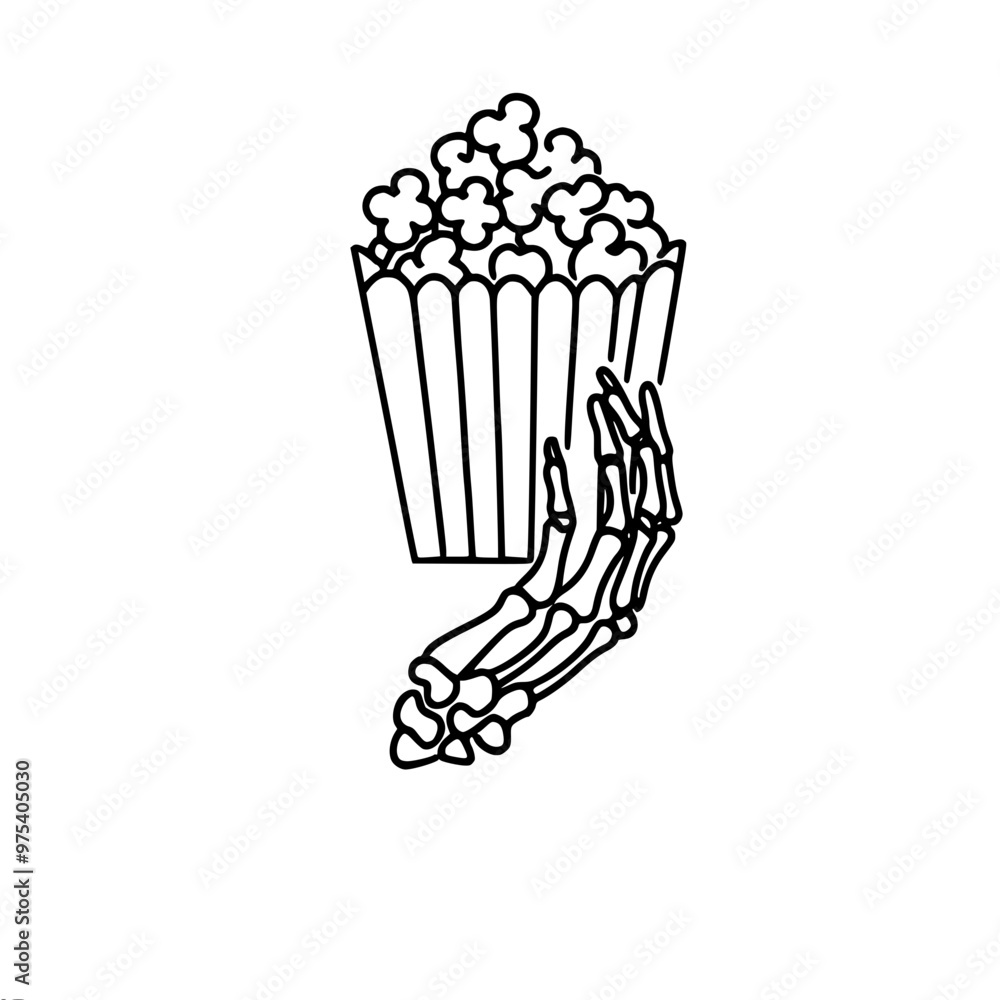 Poster stylish vector linear drawing of a bucket of popcorn next to a skeletal hand. the bucket has vertica