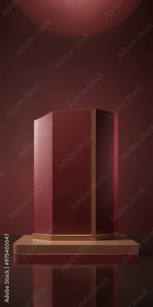 Poster a red octagonal pedestal with a gold stripe stands on a reflective surface, illuminated by a spotlig