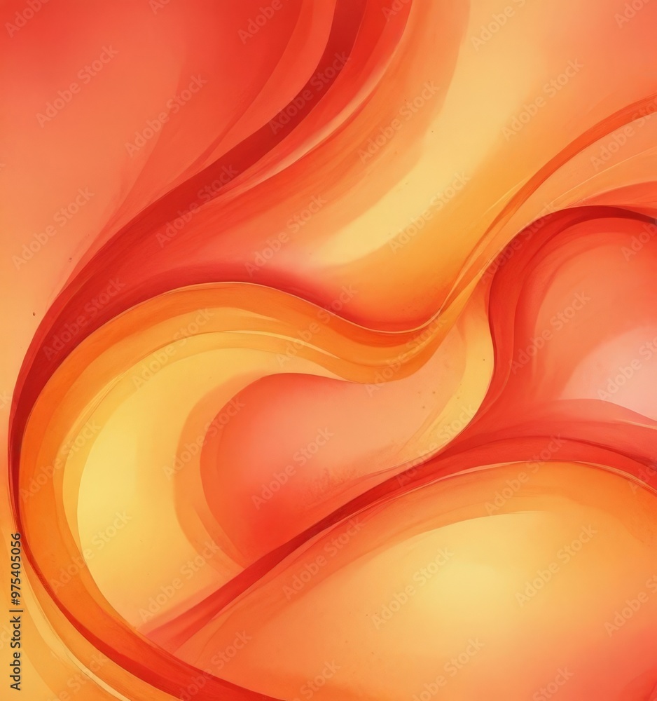Poster a vibrant abstract composition of overlapping curved lines in shades of orange and red, creating a d