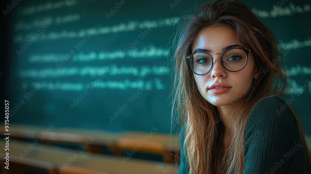 Poster female student with glasses sitting in a classroom during a lecture, focused on learning and engagin