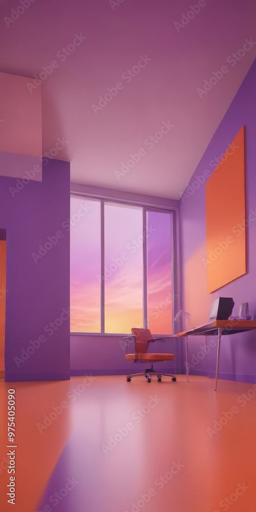 Poster a minimalist office space with a large window offering a view of a sunset, featuring a desk with a l