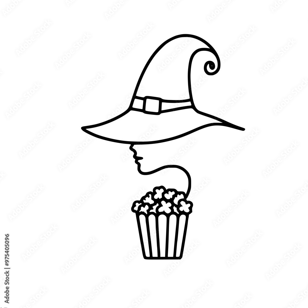 Poster linear vector drawing of stylized profile of witch in hat and popcorn in bucket. suitable for hallow