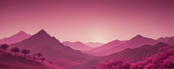 Fototapeta premium A serene landscape with mountains in a pinkish hue, trees, and a pinkish sky, creating a dreamlike atmosphere.