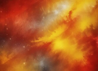 Naklejka premium a vibrant cosmic scene, with a swirling pattern of red, orange, and yellow hues, reminiscent of a nebula or a galaxy. The background is filled with a multitude of small white