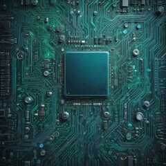 Fototapeta premium The image presents a detailed view of a computer circuit board, showcasing a central square chip surrounded by a complex network of interconnected components and traces.