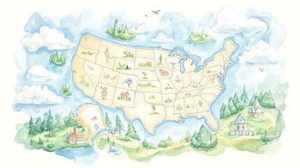Whimsical watercolor map of the United States highlighting state icons and nature scenes with a charming, playful design.