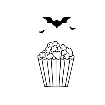 recommend clip art: Iconic vector line art image of a bucket of popcorn with bats above it. Suitable for Halloween or horror movie themes