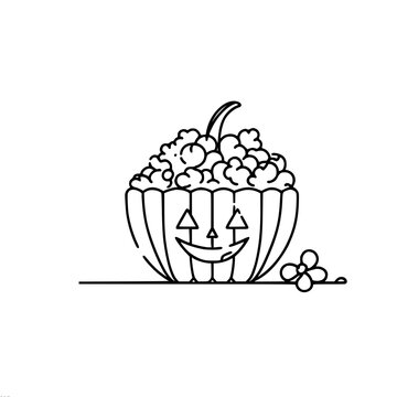 recommend clip art: Line vector drawing of stylized jack-o-lantern pumpkin filled with popcorn, with flower nearby. Suitable for Halloween and autumn events