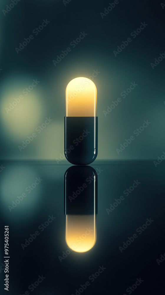 Poster a single pill on reflective surface, illuminated softly, creates serene and calming atmosphere. gent