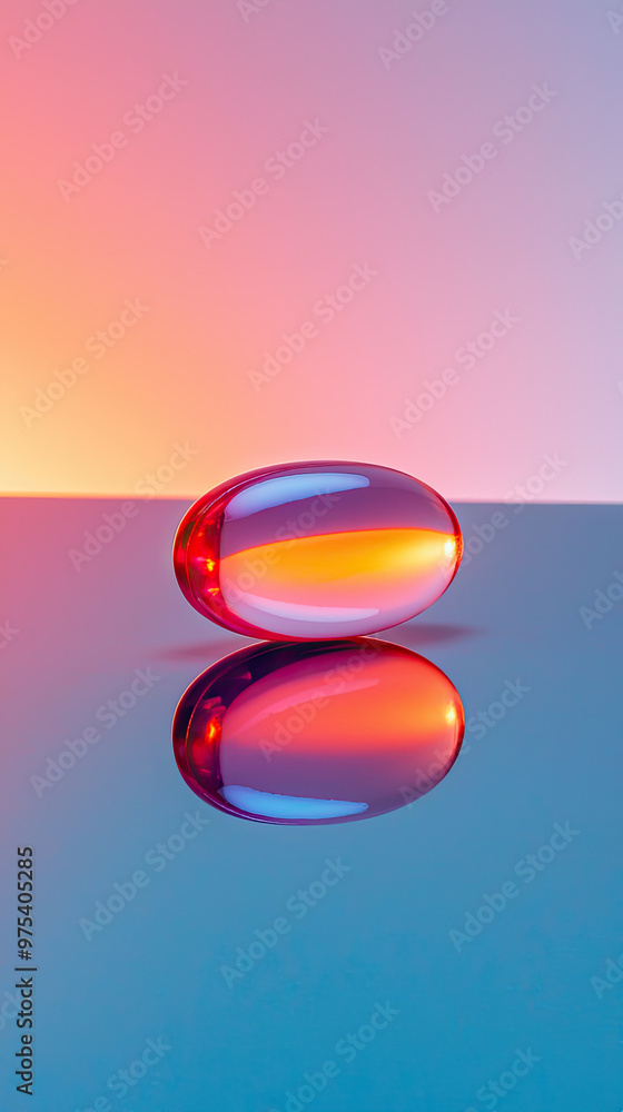 Poster a single pill on reflective surface, illuminated with vibrant colors, creates striking visual effect