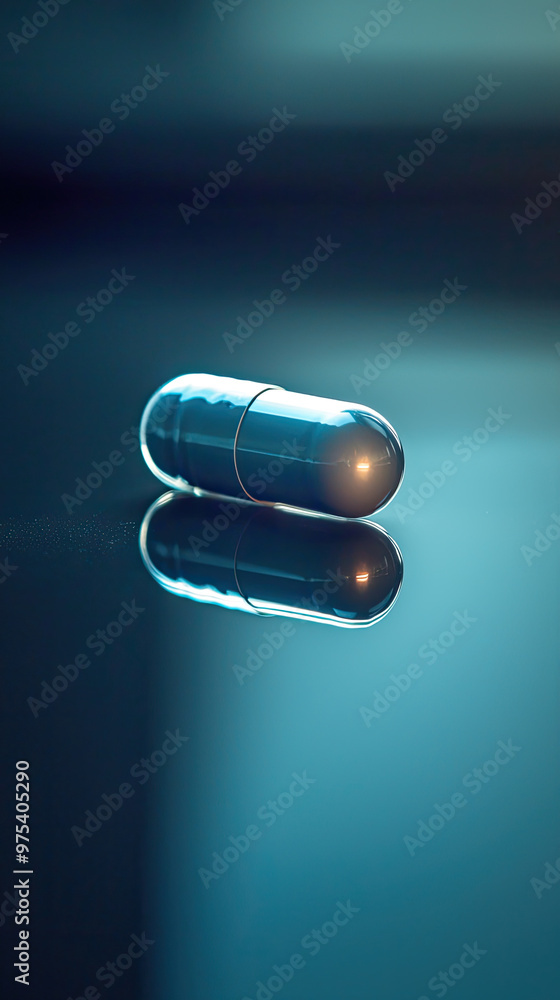Poster a single pill rests on reflective surface, illuminated softly, creating serene and tranquil atmosphe