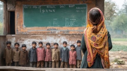 Naklejka premium A young girl watches her classmates during morning assembly in a rural classroom in the mountains