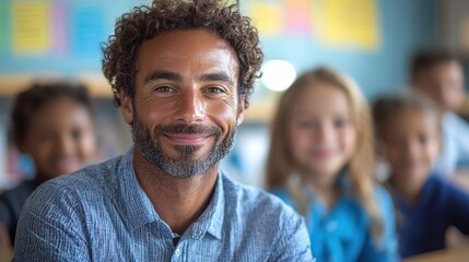 Fototapeta premium Smiling teacher engaging with young students in a colorful classroom setting during a bright morning