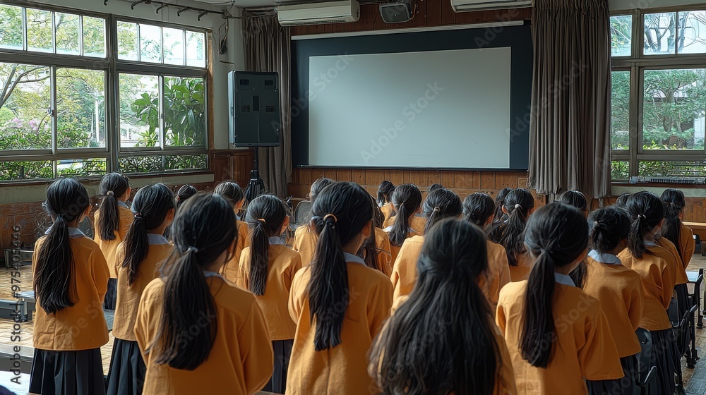 Poster students participate in a group assembly in a classroom with large windows during the afternoon