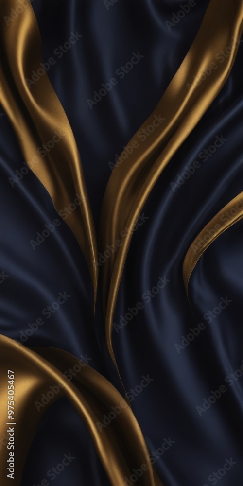Poster a close-up view of a fabric with a dark blue background and gold-colored, flowing lines that create 