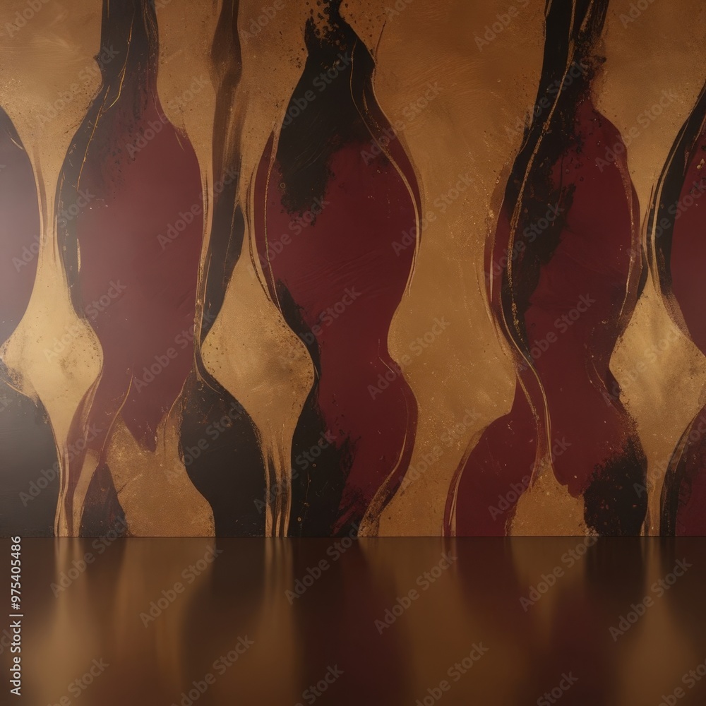 Poster a close-up view of a textured wall with abstract patterns in shades of red, black, and gold.
