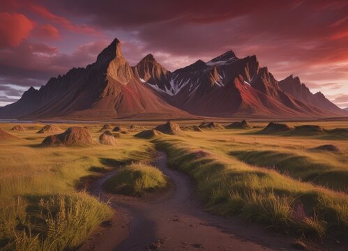 A dramatic landscape featuring a majestic mountain range with snow-capped peaks, set against a vibrant sunset sky.