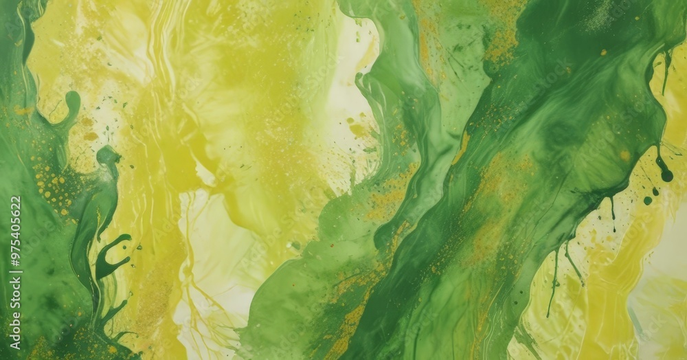 Poster an abstract painting with a vibrant color palette of green and yellow. the painting features a swirl