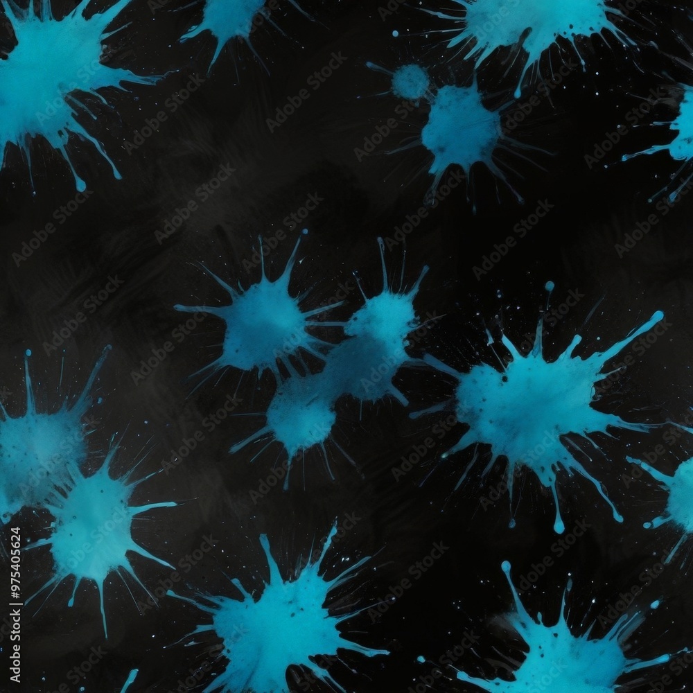 Poster a dark background with numerous blue splatters of varying sizes scattered across it, creating a sens