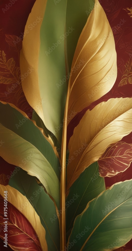 Poster a close-up of a leaf with a golden stem against a red background with gold leaf patterns.