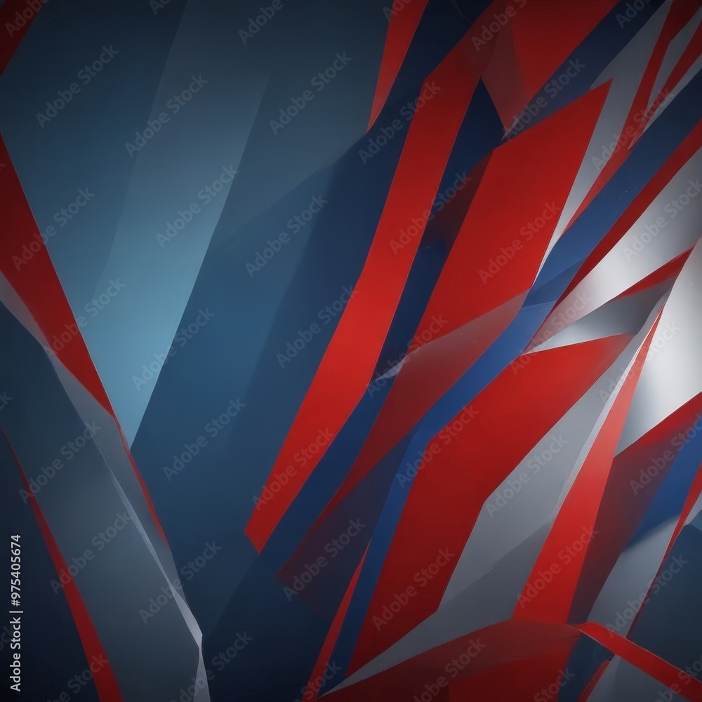 Poster a complex arrangement of intersecting red, white, and blue lines and shapes, creating a visually str
