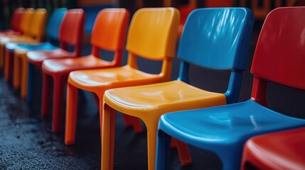 Naklejka premium Colorful plastic chairs arranged neatly in a playground on a sunny day, inviting children to play and socialize