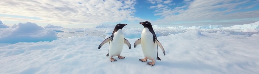 Obraz premium Penguins interacting on an Antarctic ice shelf with a wide-angle lens
