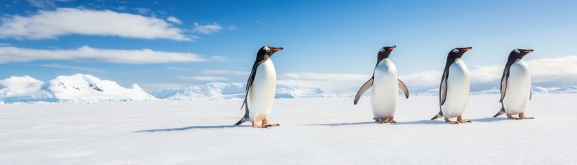 Fototapeta premium Penguins interacting on an Antarctic ice shelf with a wide-angle lens