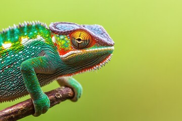 Fototapeta premium Close-up of a chameleon changing colors on a branch with macro photography
