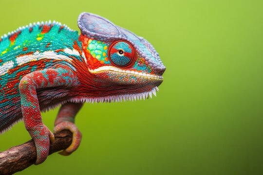 Close-up of a chameleon changing colors on a branch with macro photography