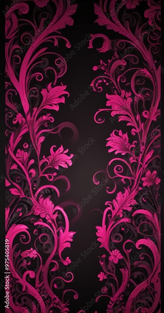 Poster a striking black and pink floral pattern with intricate swirls and curves, creating a visually capti
