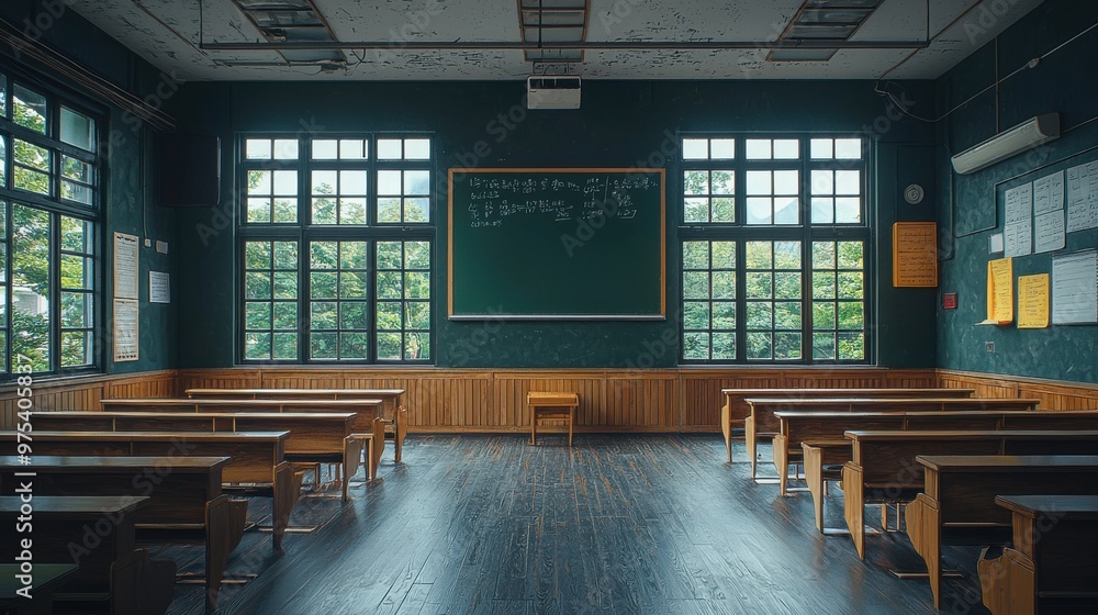 Poster quiet classroom with wooden desks and large windows, ready for lessons in an educational setting dur