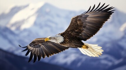 Fototapeta premium A majestic eagle soaring over a mountain landscape captured mid-flight