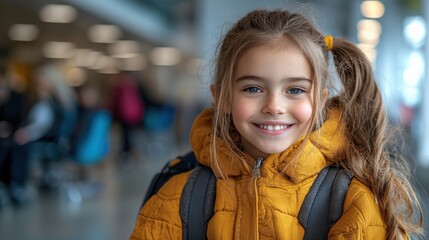 Young girl smiling joyfully while waiting in an airport terminal, showcasing a bright orange jacket and playful pigtails