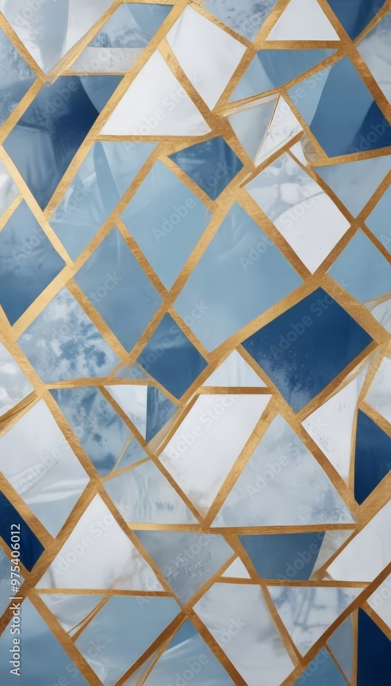 Poster a geometric pattern composed of overlapping diamond shapes in various shades of blue and gold, creat