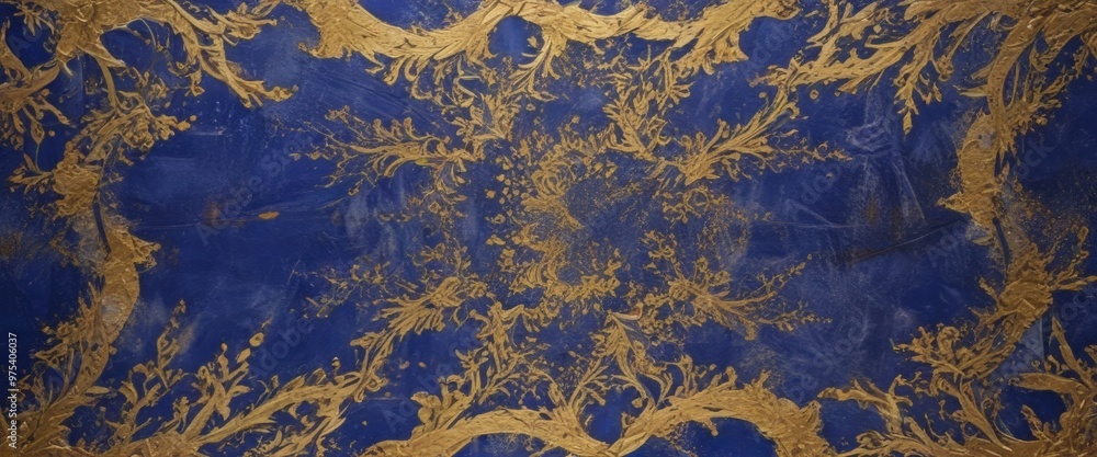 Poster a close-up view of a blue and gold patterned surface, possibly a wall or a piece of furniture. the p